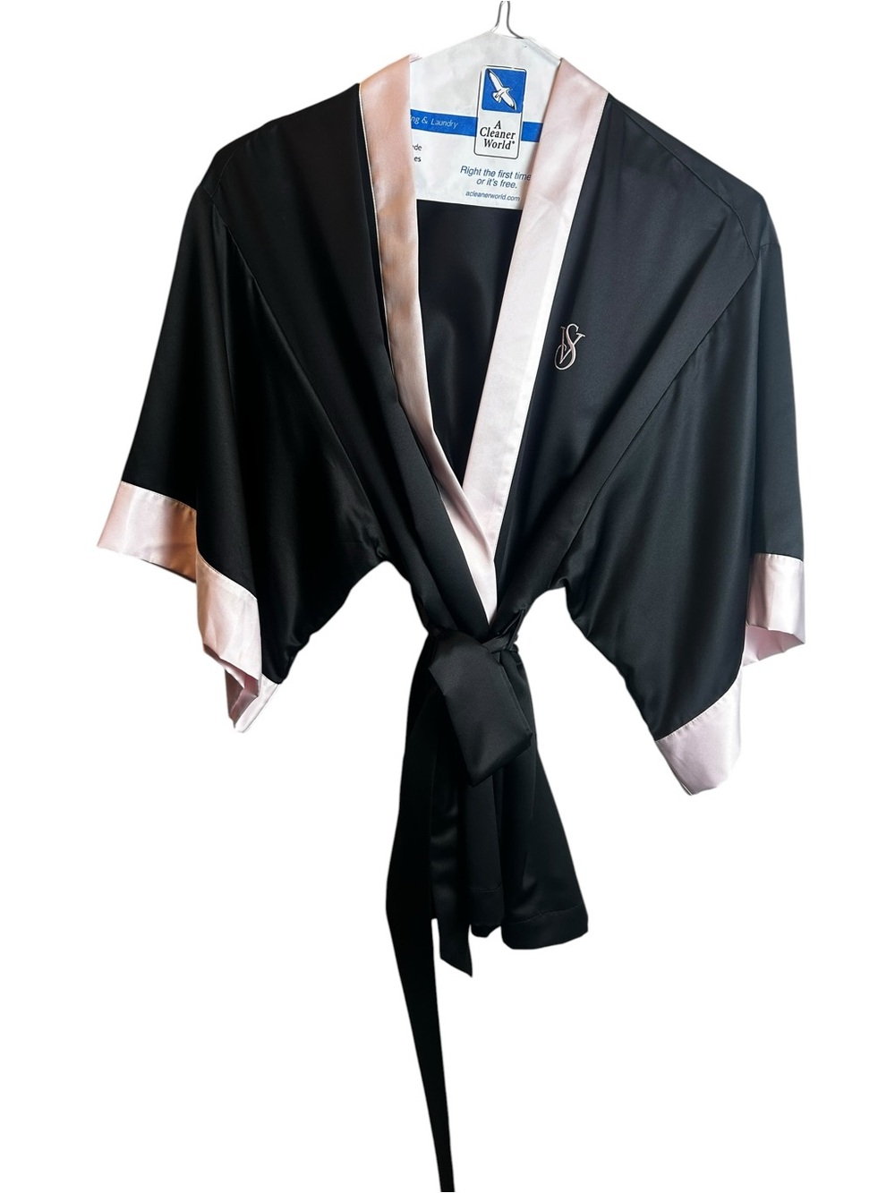 NWT Victoria Secret Satin Kimono Robe OS Black Pink Trim Embroidered VS Logo